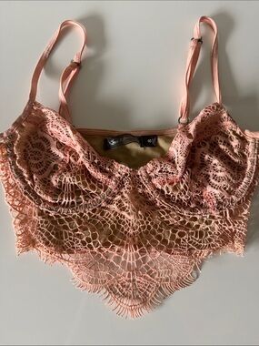 For Love & Lemons Crochet Lace Longline Bralette in Dusty Peach - Small